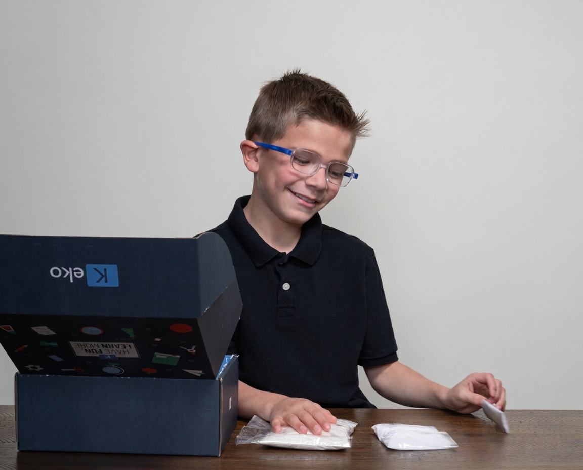 Student unpacking a Keko activity box at the table